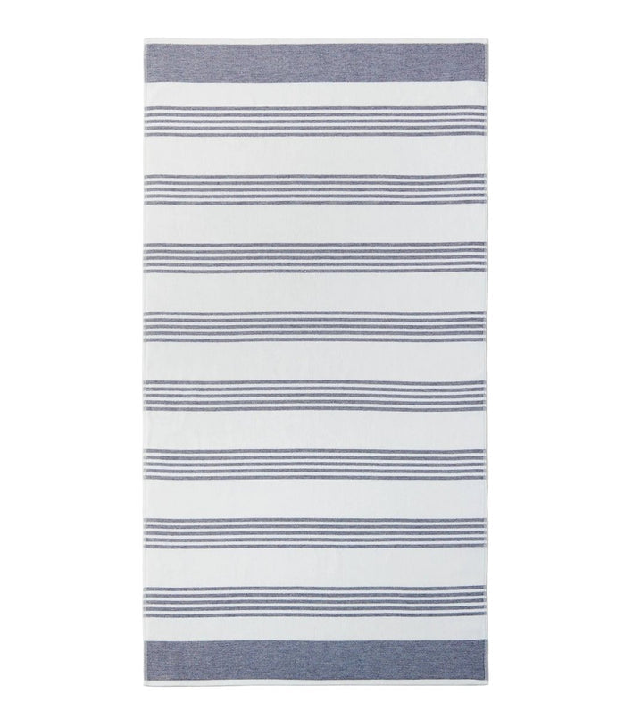 Navy Blue Pool Towel - Open - Aegean Stripe Beach Towel by Peacock Alley at Fig Linens and Home