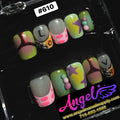 Colorful nail art display with 'Angel' branding on a black background