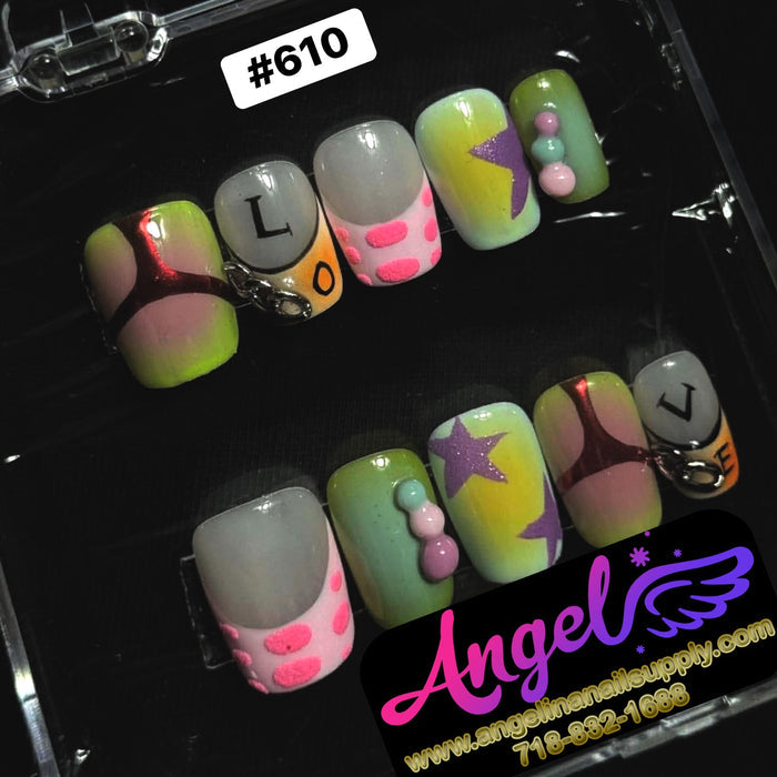 Colorful nail art display with 'Angel' branding on a black background