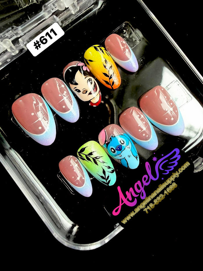Colorful nail art display with cartoon character in a clear case, featuring the brand 'Angel'.