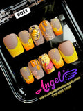 Nail art display with colorful designs and 'Angel' branding.