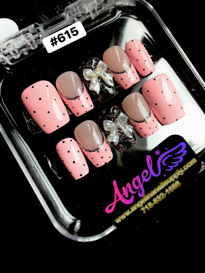 Set of artificial nails with polka dot design in a clear case, featuring the brand 'Angel'.