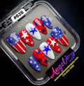 Nail art designs in red, white, and blue on a tray with 'NAILBOX' branding.
