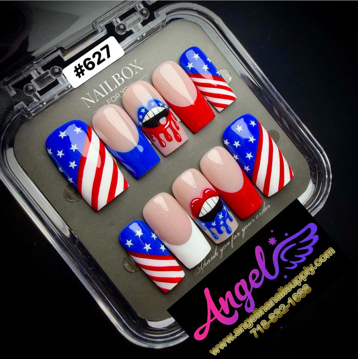Nail art display with American flag design in a Nailbox container.