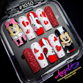 A set of 1050 themed press-on nails displayed in a clear plastic case. The nails feature Minnie and Mickey Mouse designs alongside white and red hearts, polka dots, and glittery red nails.