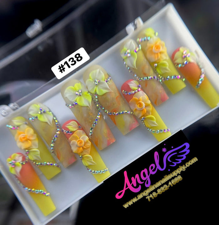 Angelina Handmade Custom Press-On Long Nail Design #138 - Citrus Blossom Dream