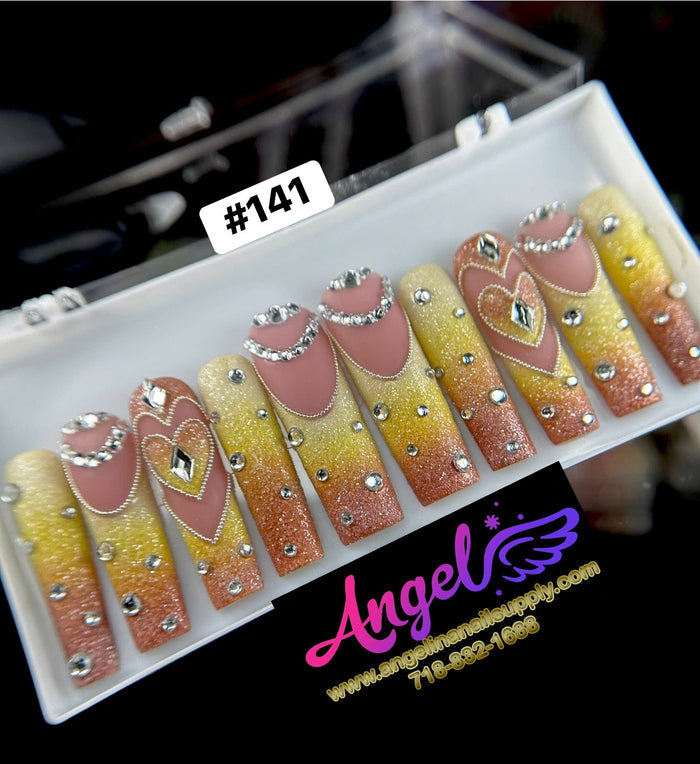 Angelina Handmade Custom Press-On Long Nail Design #141 - Golden Sunset Glam