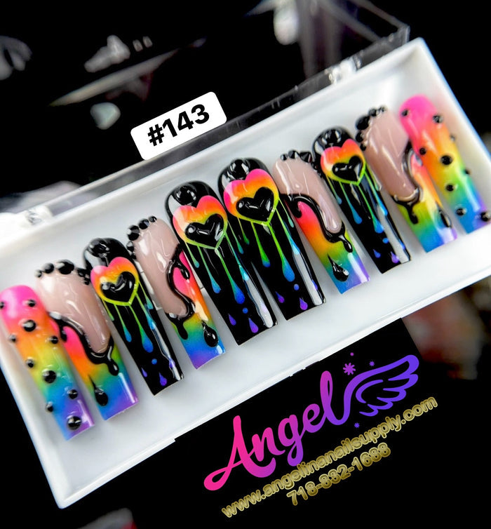 Angelina Handmade Custom Press-On Long Nail Design #143 - Rainbow Drip Heart