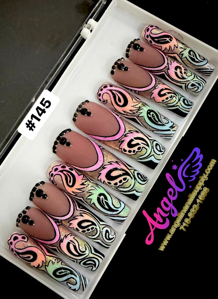 Angelina Handmade Custom Press-On Long Nail Design #145 - Pastel Paisley Fantasy