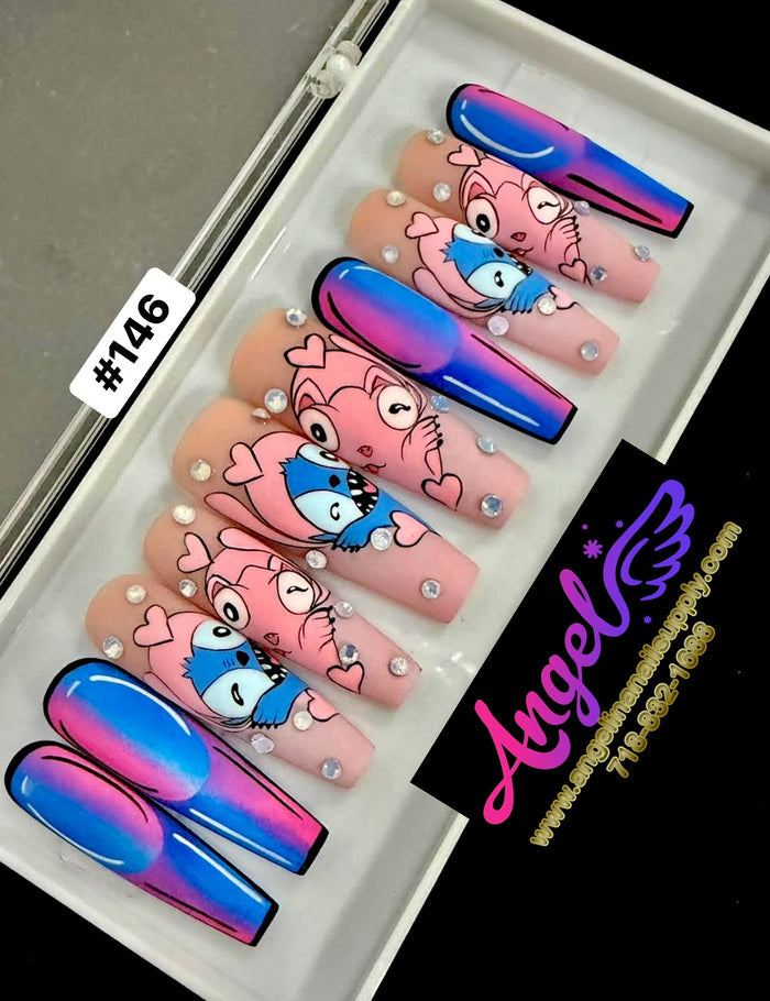 Angelina Handmade Custom Press-On Long Nail Design #146 - Sweet Alien Love