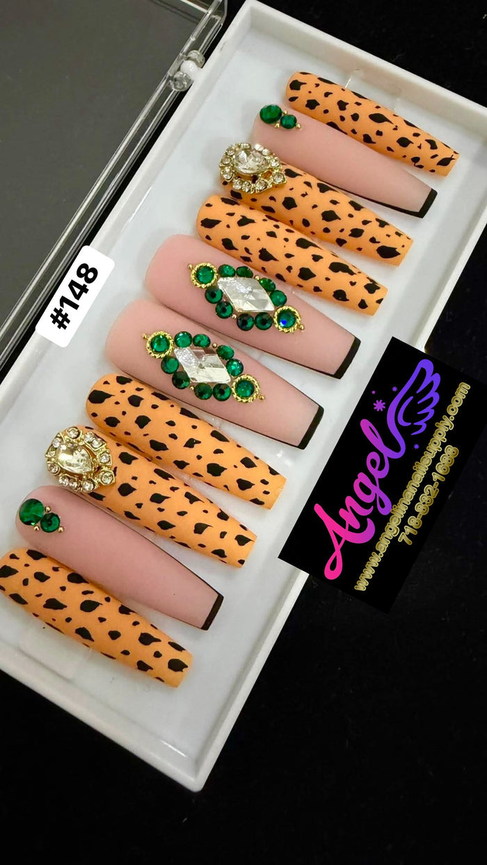 Angelina Handmade Custom Press-On Long Nail Design #148 - Wild Leopard Glam