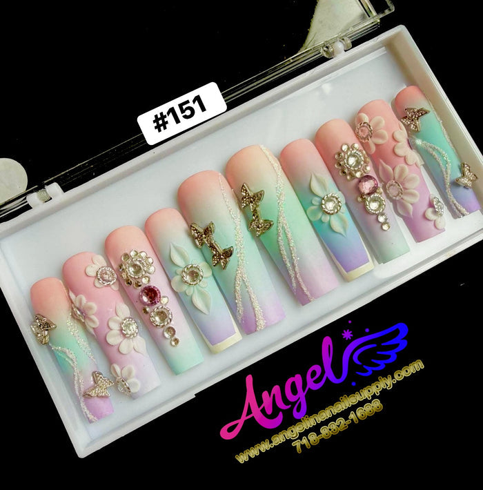 Angelina Handmade Custom Press-On Long Nail Design #151 - Aurora Petaline