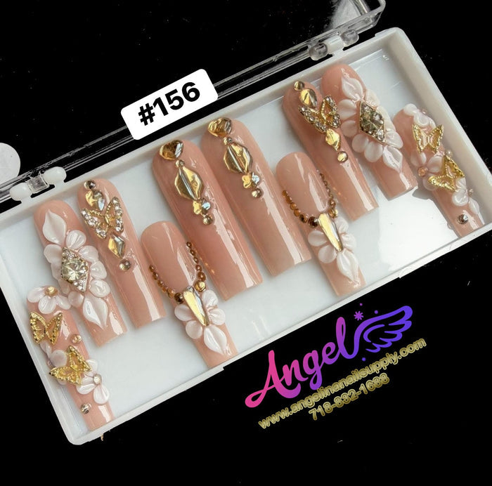 Angelina Handmade Custom Press-On Long Nail Design #156 - Gilded Garden