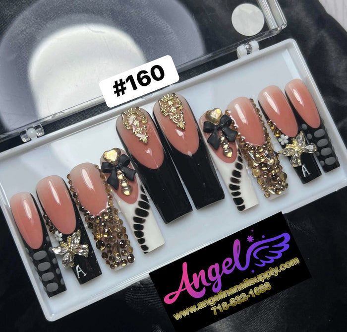 Angelina Handmade Custom Press-On Long Nail Design #160 - Noir Majesty