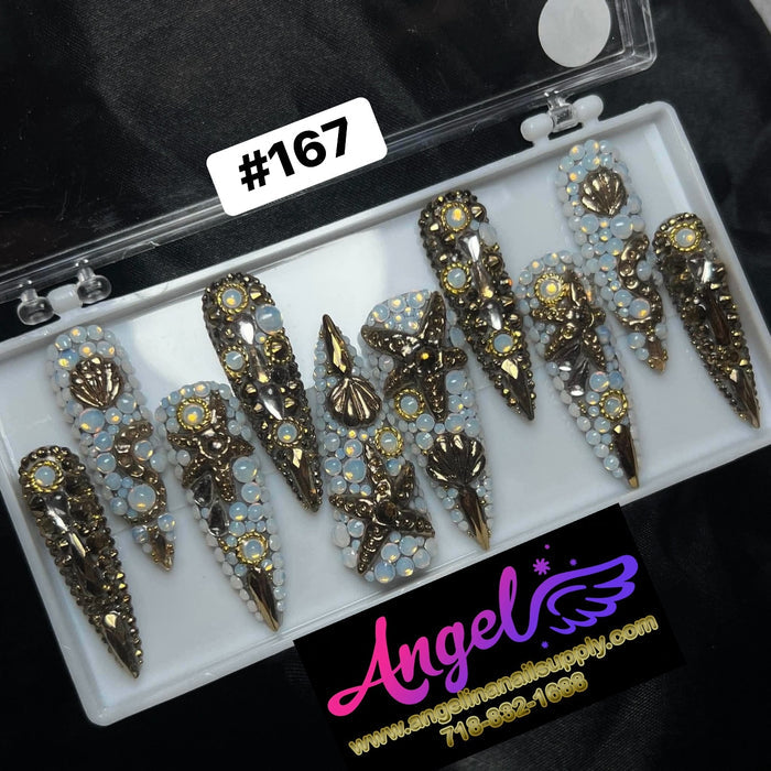 Angelina Handmade Custom Press-On Long Nail Design #167 - Ocean Treasure Luxe