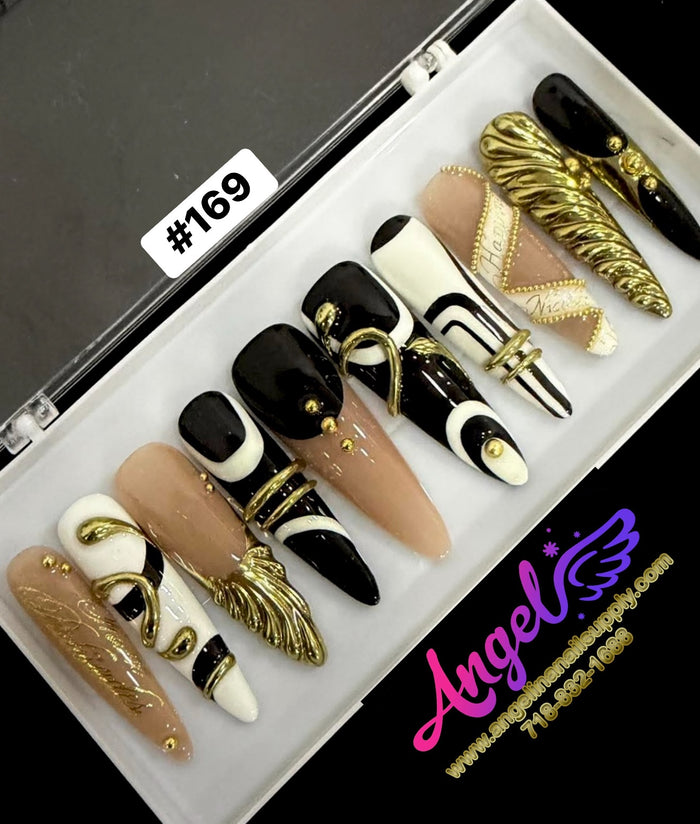 Angelina Handmade Custom Press-On Long Nail Design #169 - Black & Gold Couture