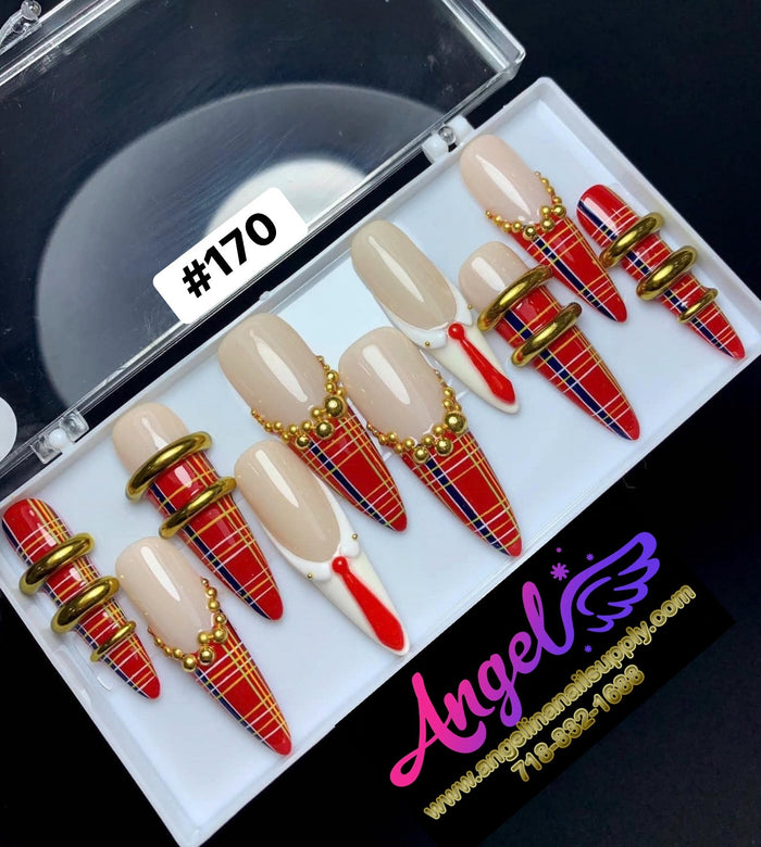 Angelina Handmade Custom Press-On Long Nail Design #170 - Plaid Luxe Glam
