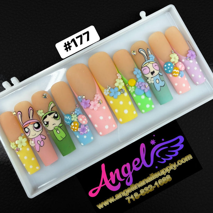 Angelina Handmade Custom Press-On Long Nail Design #177 - Pastel Bunny Garden