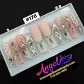 Angelina Handmade Custom Press-On Long Nail Design #178 - Blush Crystal Garden