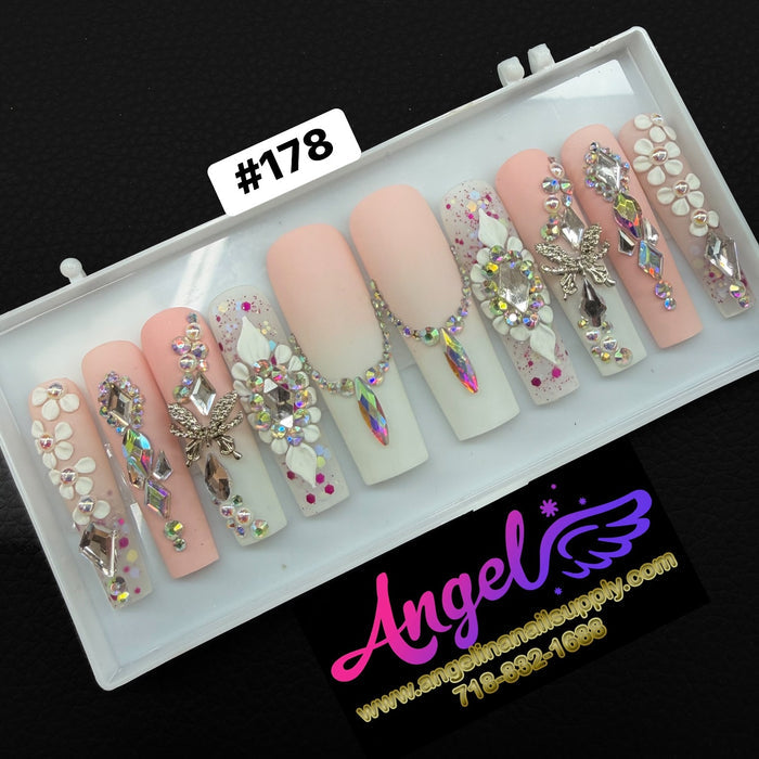 Angelina Handmade Custom Press-On Long Nail Design #178 - Blush Crystal Garden