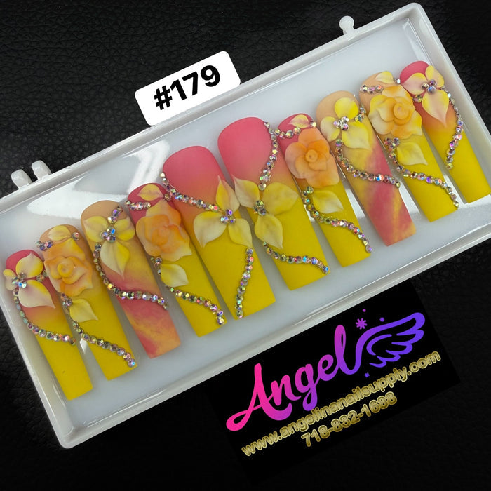 Angelina Handmade Custom Press-On Long Nail Design #179 - Sunset Blossom Luxe