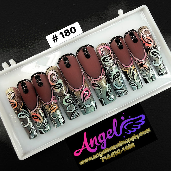 Angelina Handmade Custom Press-On Long Nail Design #180 - Mocha Paisley Luxe