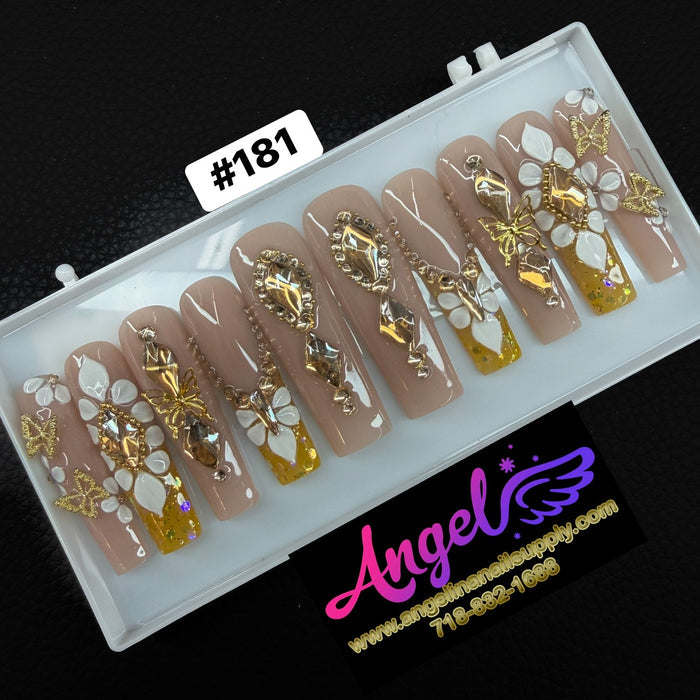 Angelina Handmade Custom Press-On Long Nail Design #181 - Golden Butterfly Bloom