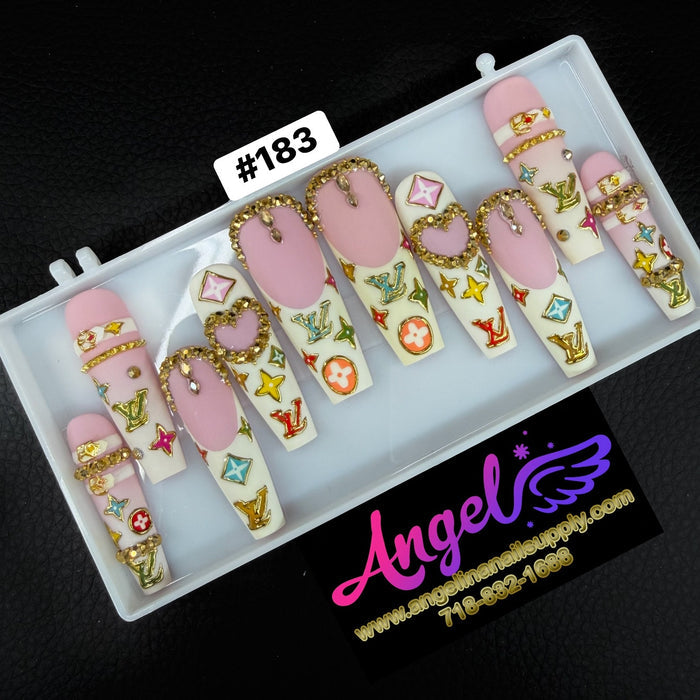 Angelina Handmade Custom Press-On Long Nail Design #183 - Luxury Pink Monogram