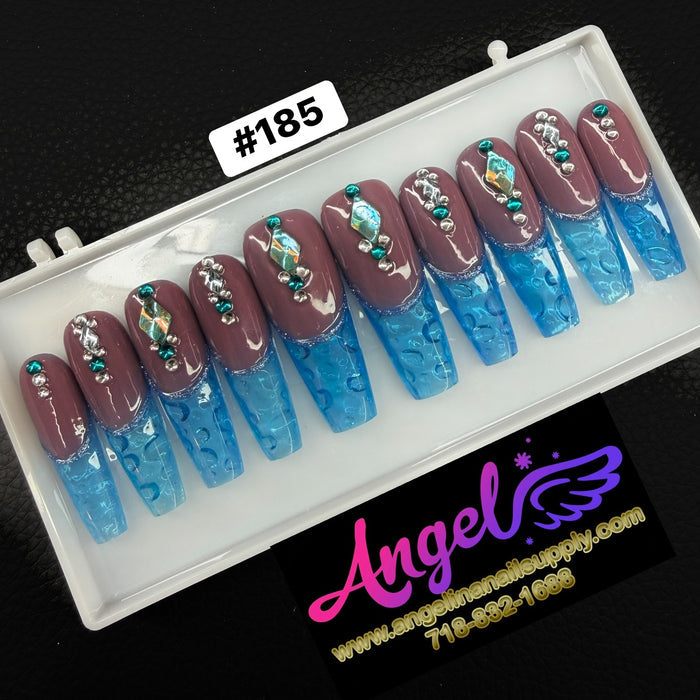Angelina Handmade Custom Press-On Long Nail Design #185 - Ocean Crystal Fusion