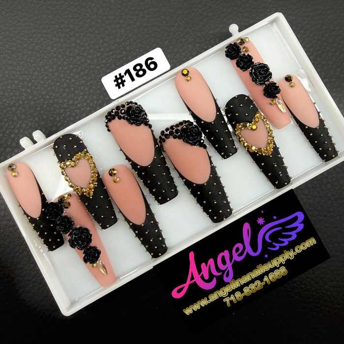 Angelina Handmade Custom Press-On Long Nail Design #186 - Midnight Rose Luxe
