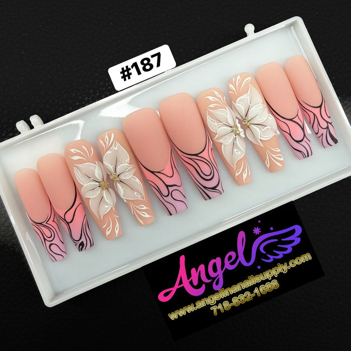 Angelina Handmade Custom Press-On Long Nail Design #187 - Blush Bloom Elegance