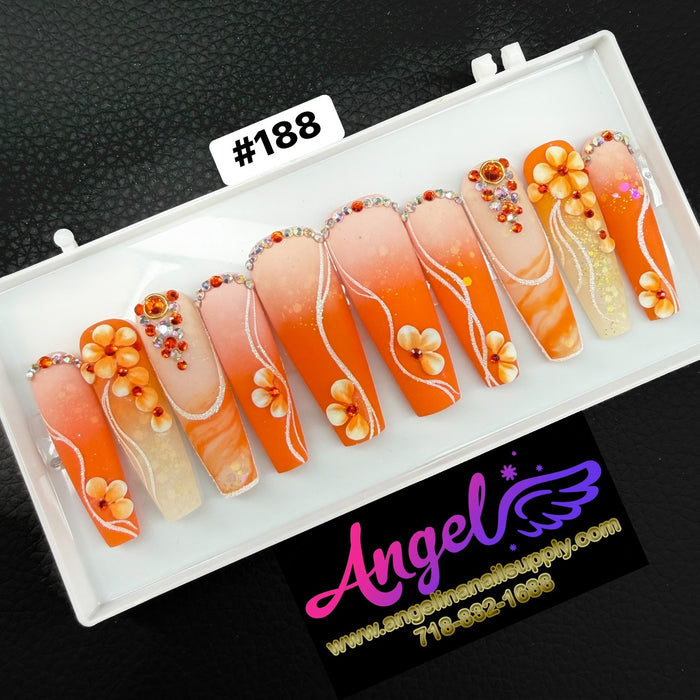 Angelina Handmade Custom Press-On Long Nail Design #188 - Tropical Sunset Blossom
