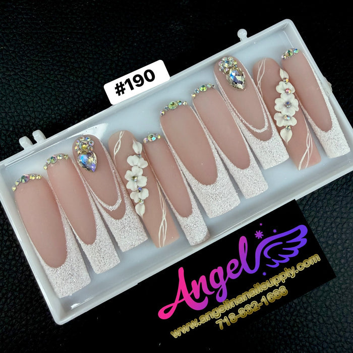 Angelina Handmade Custom Press-On Long Nail Design #190 - Winter Bridal Bloom
