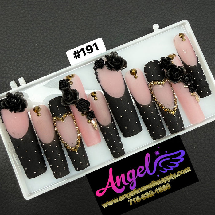 Angelina Handmade Custom Press-On Long Nail Design #191 - Midnight Rose Affair