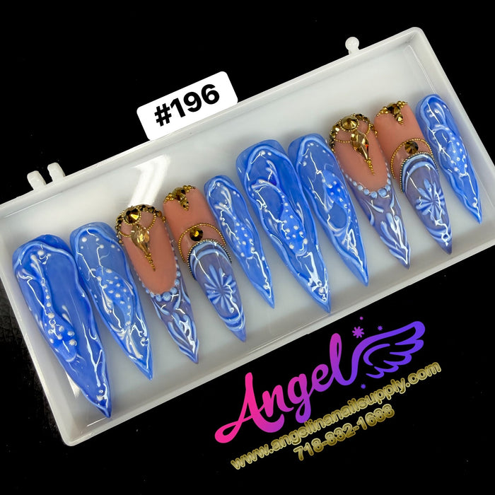 Angelina Handmade Custom Press-On Long Nail Design #196 - Sapphire Sea Queen