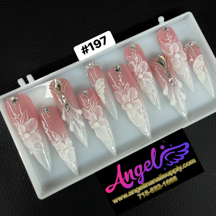 Angelina Handmade Custom Press-On Long Nail Design #197 - Blushing Bridal Bloom