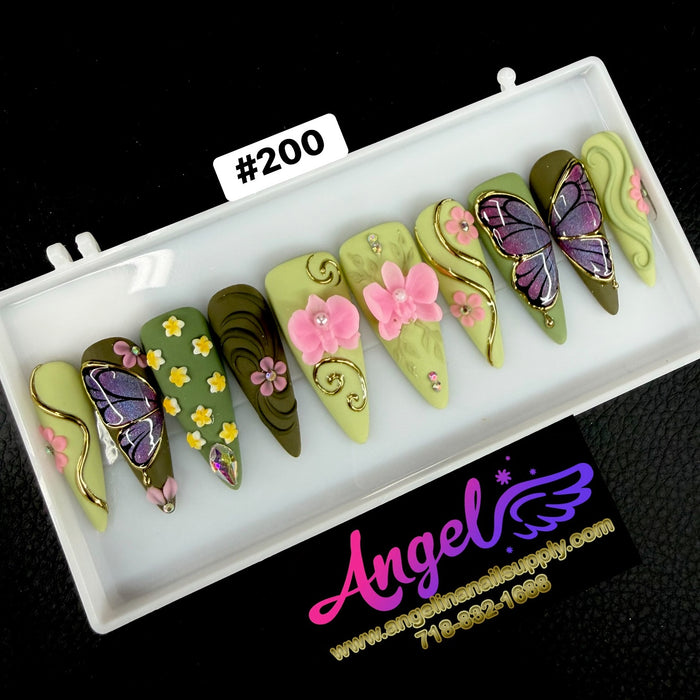 Angelina Handmade Custom Press-On Long Nail Design #200 - Enchanted Butterfly Garden