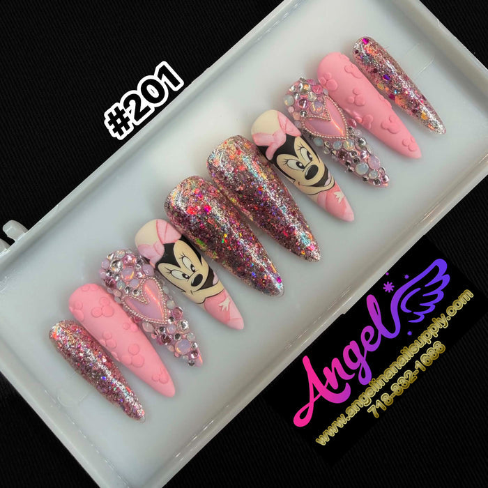 Angelina Handmade Custom Press-On Long Nail Design #201 - Pink Minnie
