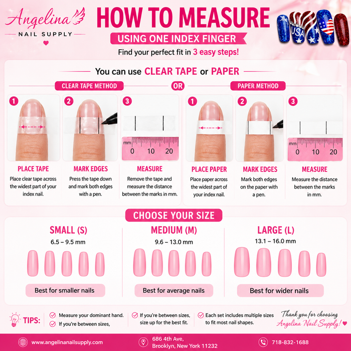 An instructional sizing chart from Angelina Nail Supply titled 'HOW TO MEASURE USING ONE INDEX FINGER'. The chart shows step-by-step measurement instructions for clear tape or paper methods, with pink nail size illustrations labeled Small (S), Medium (M), and Large (L), plus contact information and a thank you message at the bottom.