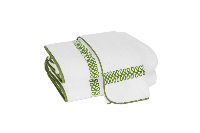 Matouk Towels - Astor Braid Grass Green Embroidery on White Cotton Terrycloth Bath Collection