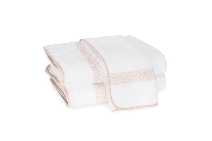 Matouk Towels - Astor Braid Blush Embroidery on White Cotton Terrycloth Bath Collection