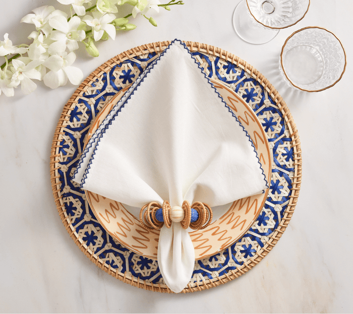 Calypso Napkin Ring in Natural & Blue Set of 4 by Kim Seybert - Lifestyle 1