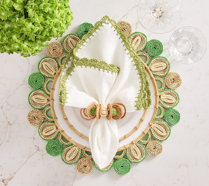 Calypso Napkin Ring in Natural & Green Set of 4 by Kim Seybert at Fig Linens and Home - Lifestyle 2
