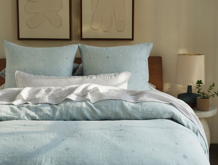 Coyuchi Cambria Embroidered Organic Linen Pacific Blue Chambray Bedding at Fig Linens and Home - 1
