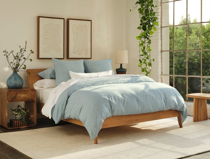 Coyuchi Cambria Embroidered Organic Linen Pacific Blue Chambray Bedding at Fig Linens and Home - 2