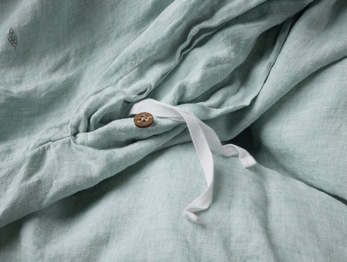 Coyuchi Cambria Embroidered Organic Linen Pacific Blue Chambray Bedding at Fig Linens and Home - 5