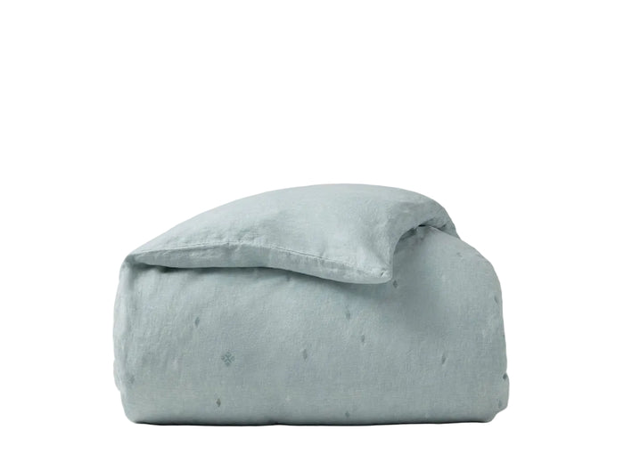 Duvet Cover - Coyuchi Cambria Embroidered 100% Organic Linen Pacific Blue Chambray Bedding