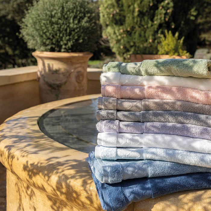 Caresse Orient Blue Bath Collection by Le Jacquard Francais - Color Stack at Fig Linens and Home