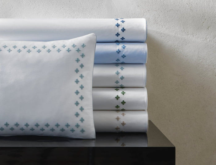 Matouk Casablanca Percale Bedding at Fig Linens and Home - Stack of Embroidery Colors 1