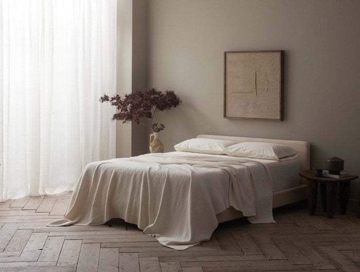 Coyuchi Cascade Organic Matelasse Blankets at Fig Linens and Home - Lifestyle View 1